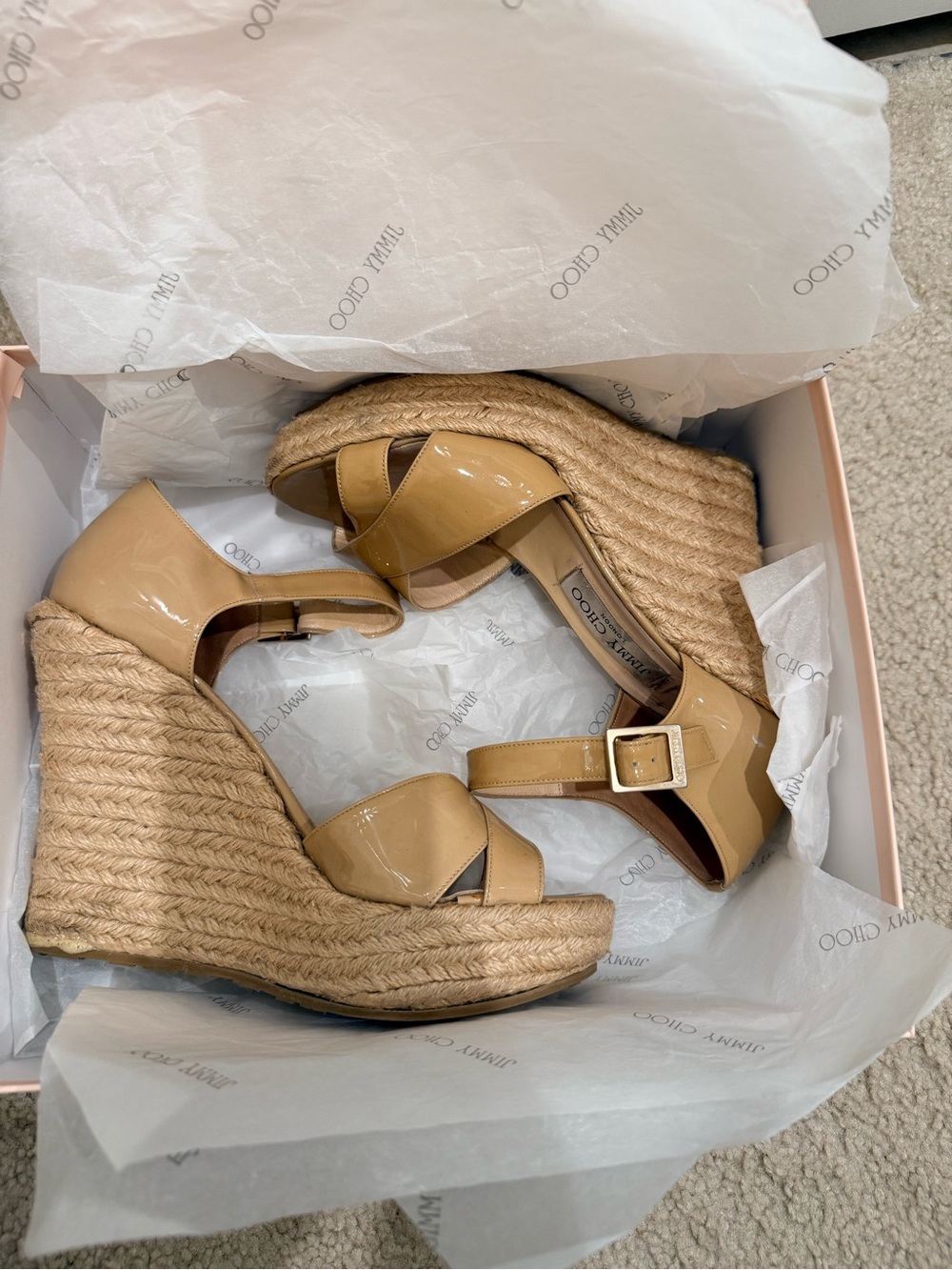 Jimmy Choo Beige Patent Espadrille Wedge Sandals